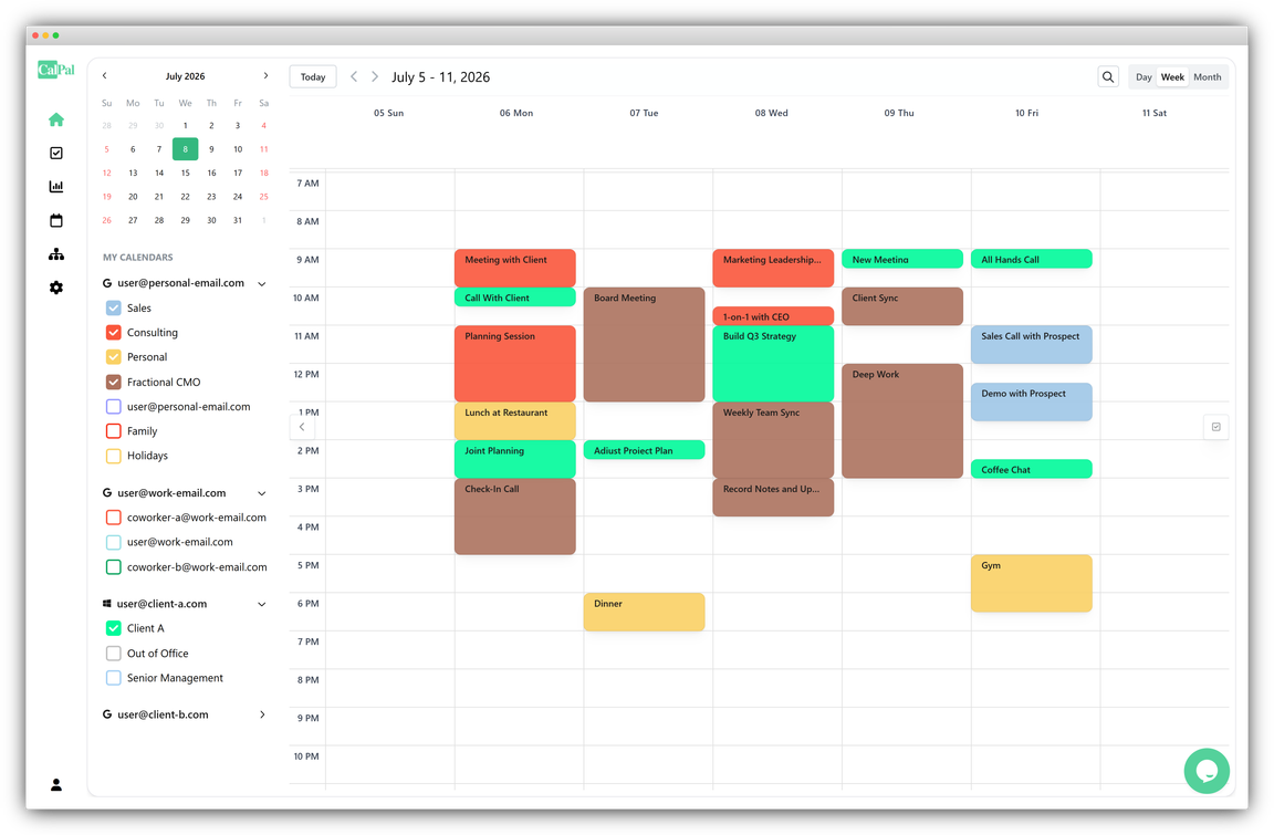 CalPal Dashboard showing multi-calendar synchronization, color-coded events, and a clean, minimalist interface for professional time management.